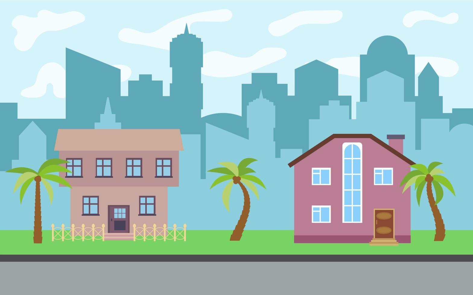 Vector city with two two-story cartoon houses and palm trees in the sunny day. Summer urban landscape. Street view with cityscape on a background
