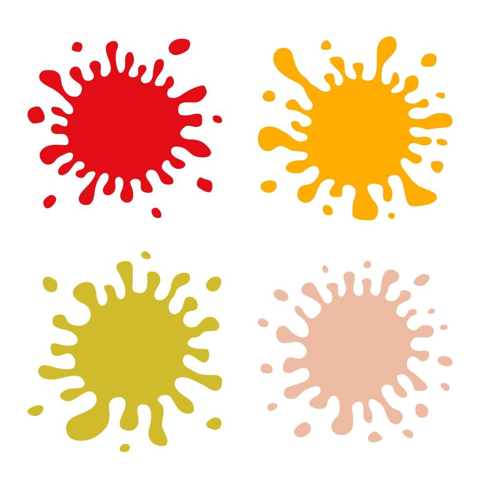 Set of Four Multicolored Hand Drawn Paint Splashes with small splashes and shadows. Vector illustration