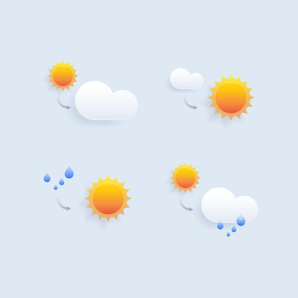 Set of different weather icons. Cloud, rain,moon, lightning,sonwflake. Vector illustration