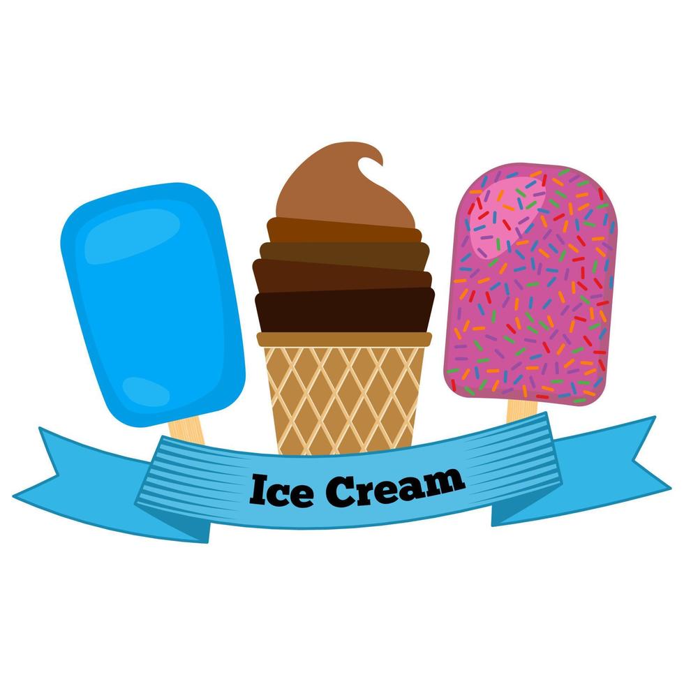 Three different ice cream wrapped in blue ribbon with the inscription ice cream. Vector illustration