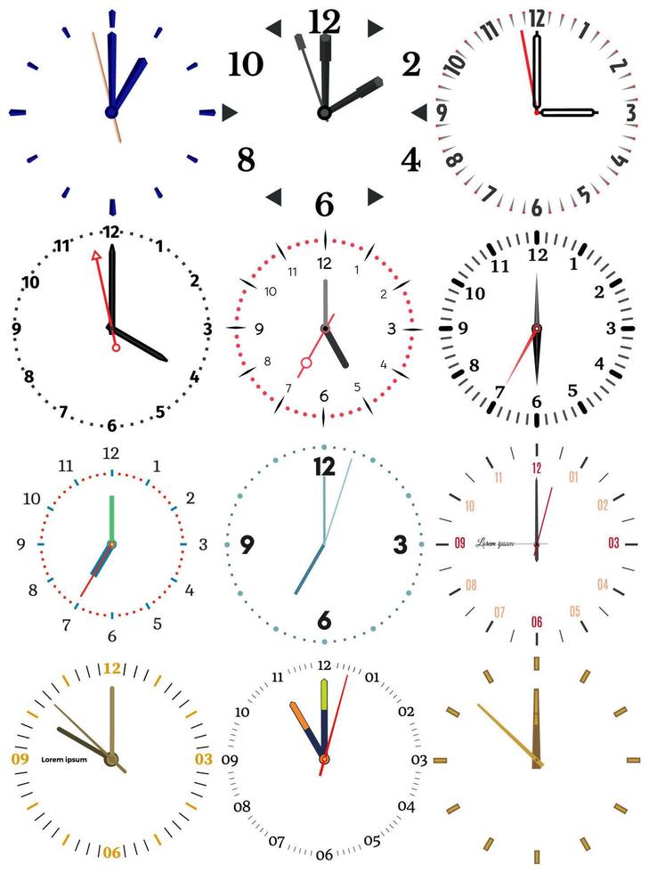 un conjunto de diferente mecánico relojes con un imagen de cada de el doce horas. reloj cara en blanco antecedentes. vector