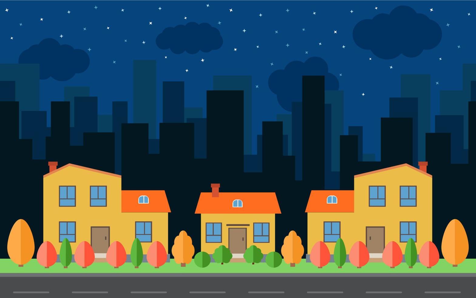 Vector night city with cartoon houses and buildings with red, yellow and green trees and shrubs. City space with road on flat style background concept. Summer urban landscape