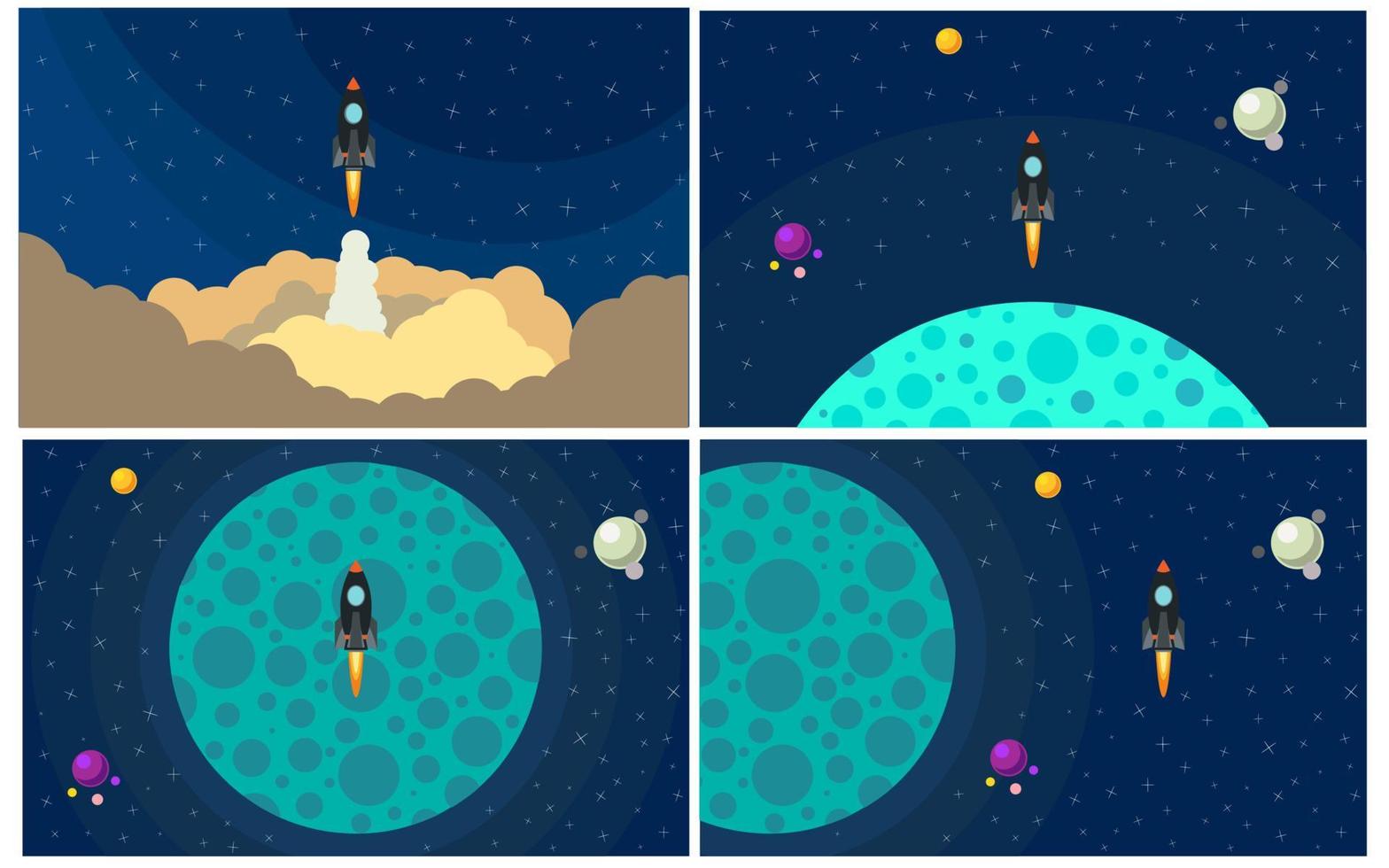 Set of four vector illustration with flying rocket. Space travel.