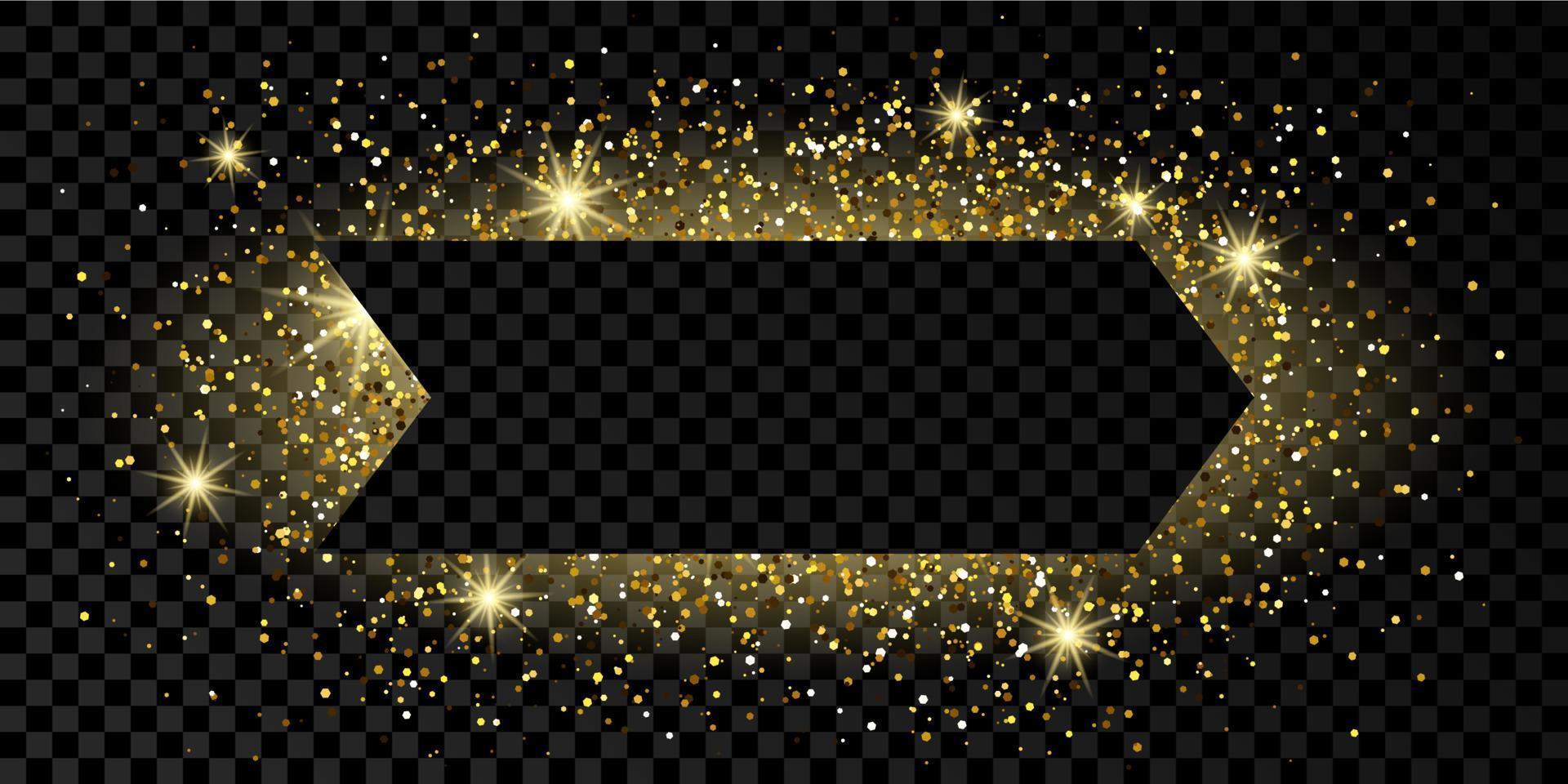 Golden arrow frame with glitter, sparkles and flares on dark vector