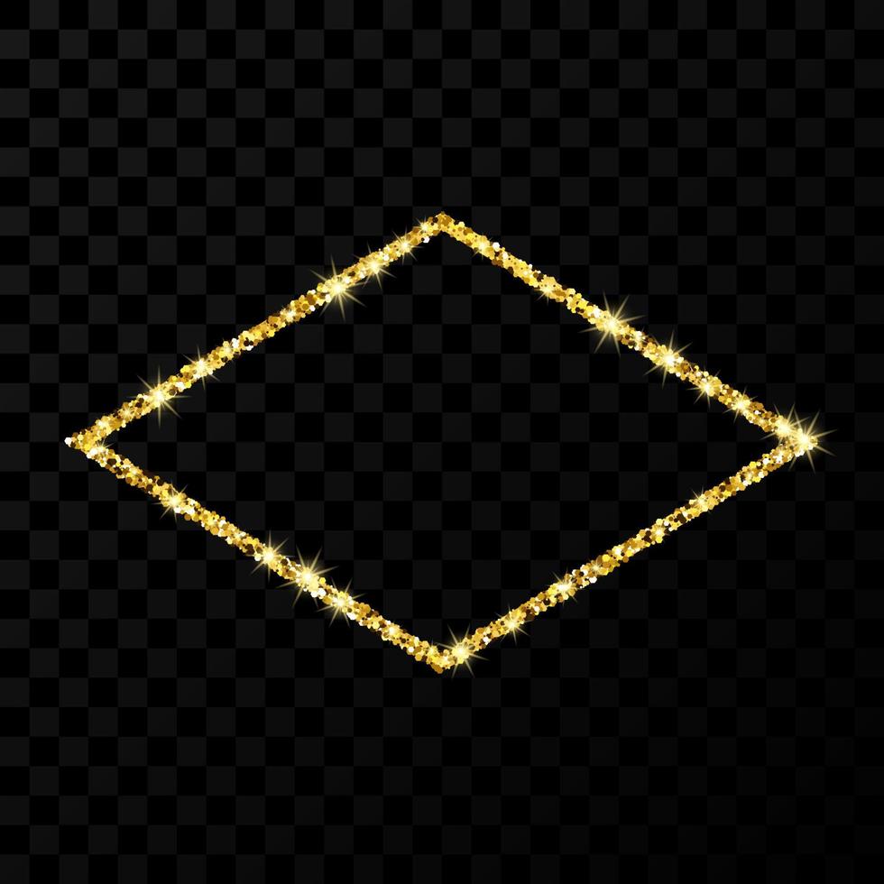 Gold glitter frame. Rhombus frame with shiny sparkles on dark background. Vector illustration