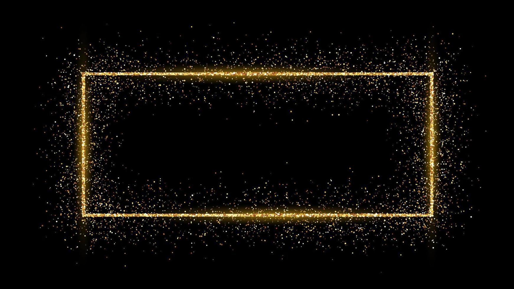 Golden rectangle frame with glitter, sparkles and flares on dark background. Empty luxury backdrop. Vector illustration.