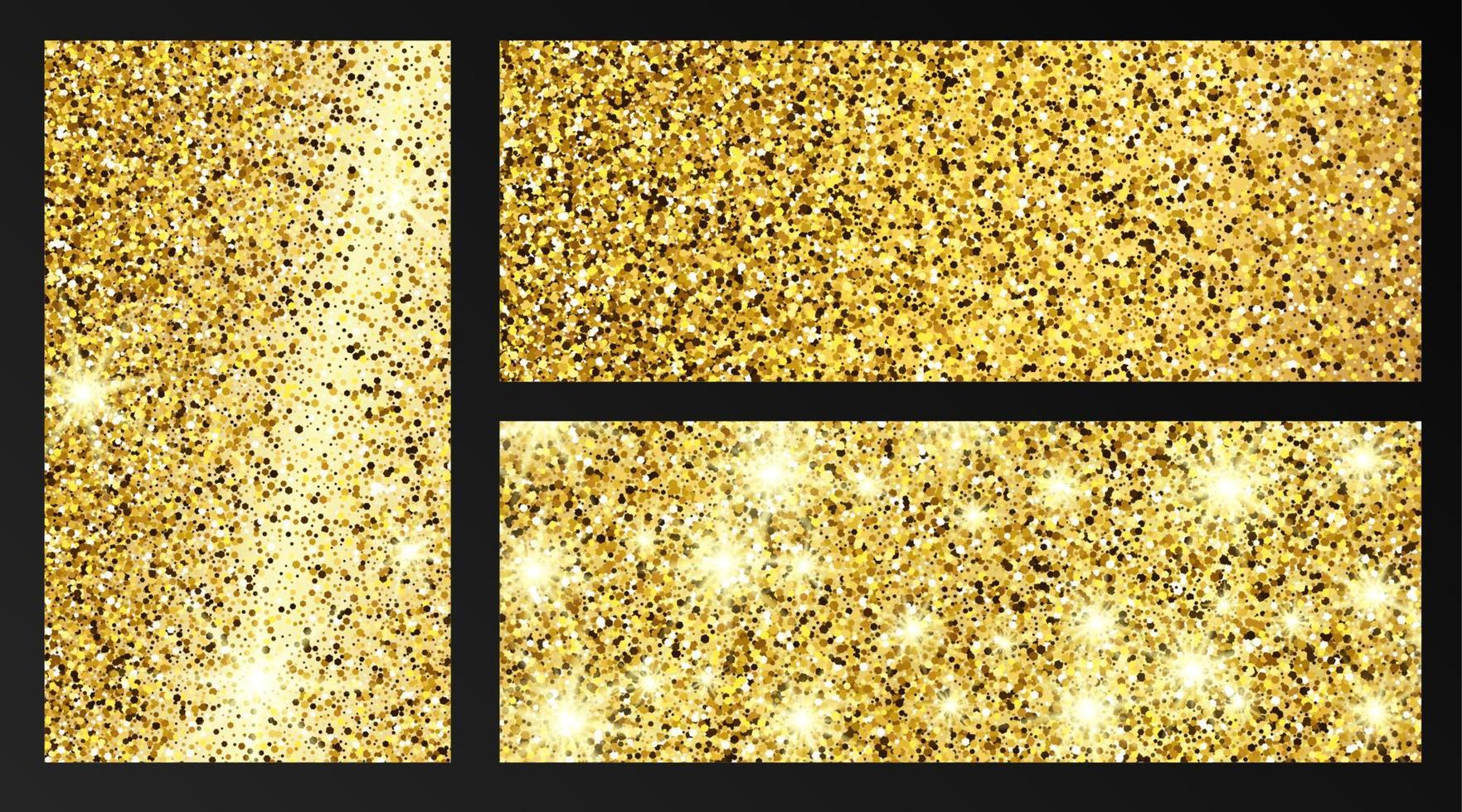 Set of three golden glittering backgrounds with gold sparkles and glitter effect. Empty space for your text. Vector illustration