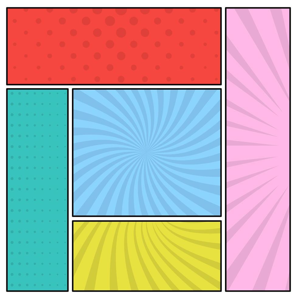 Colorful comic book page background in pop art style. Empty template with rays and dots pattern. Vector illustration