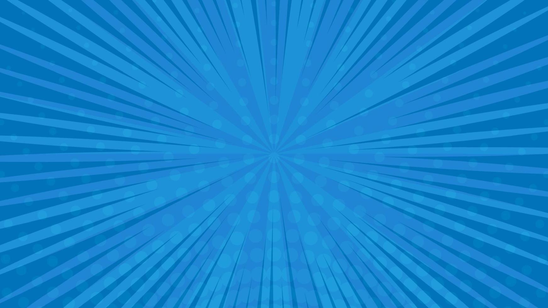 Blue comic book page background in pop art style with empty space. Template with rays, dots and halftone effect texture. Vector illustration
