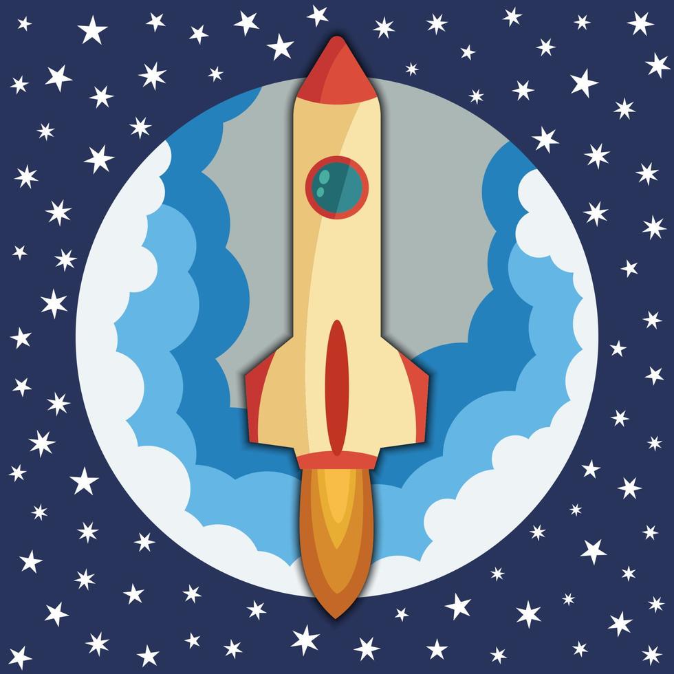 Space rocket ship in round piece. Space rocket launch. Project startup and development process concept. The rocket flies upwards. vector