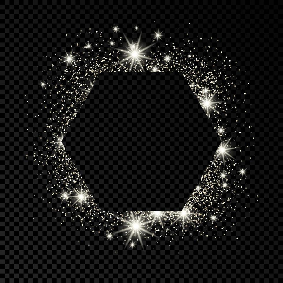 Hexagon frame with silver glitter on dark background. Empty background. Vector illustration.