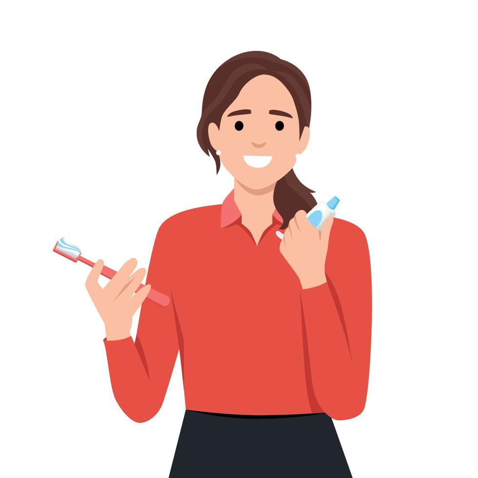 Woman brushing teeth in the bathroom in flat design. Female cleaning teeth to prevent tooth decay. Dental hygiene with toothbrush and toothpaste. vector