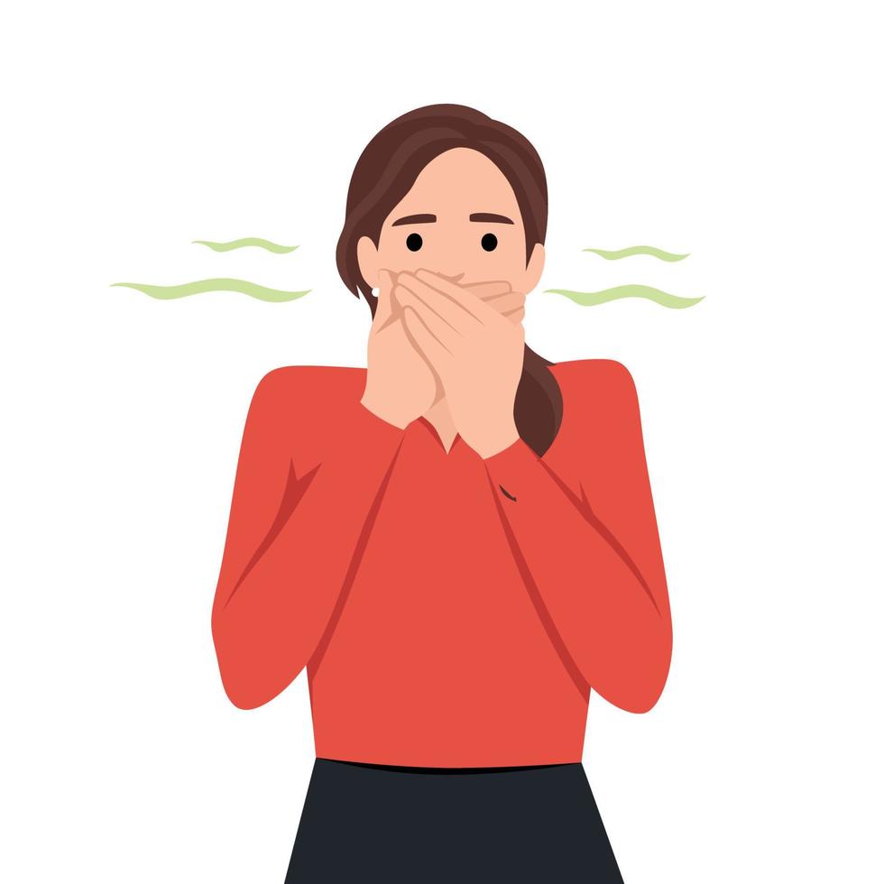 Young teenager girl pinching her nose bad stinking bad smell concept vector