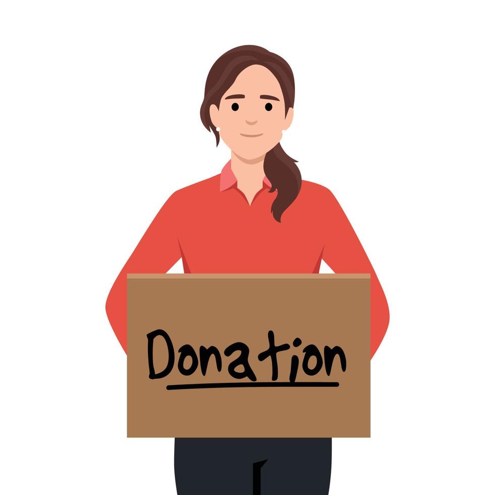 Woman Holding Donation Box Vector Illustration. Volunteer in humanitarian cause collecting altruist supporting aid doing community service and philanthropic gesture