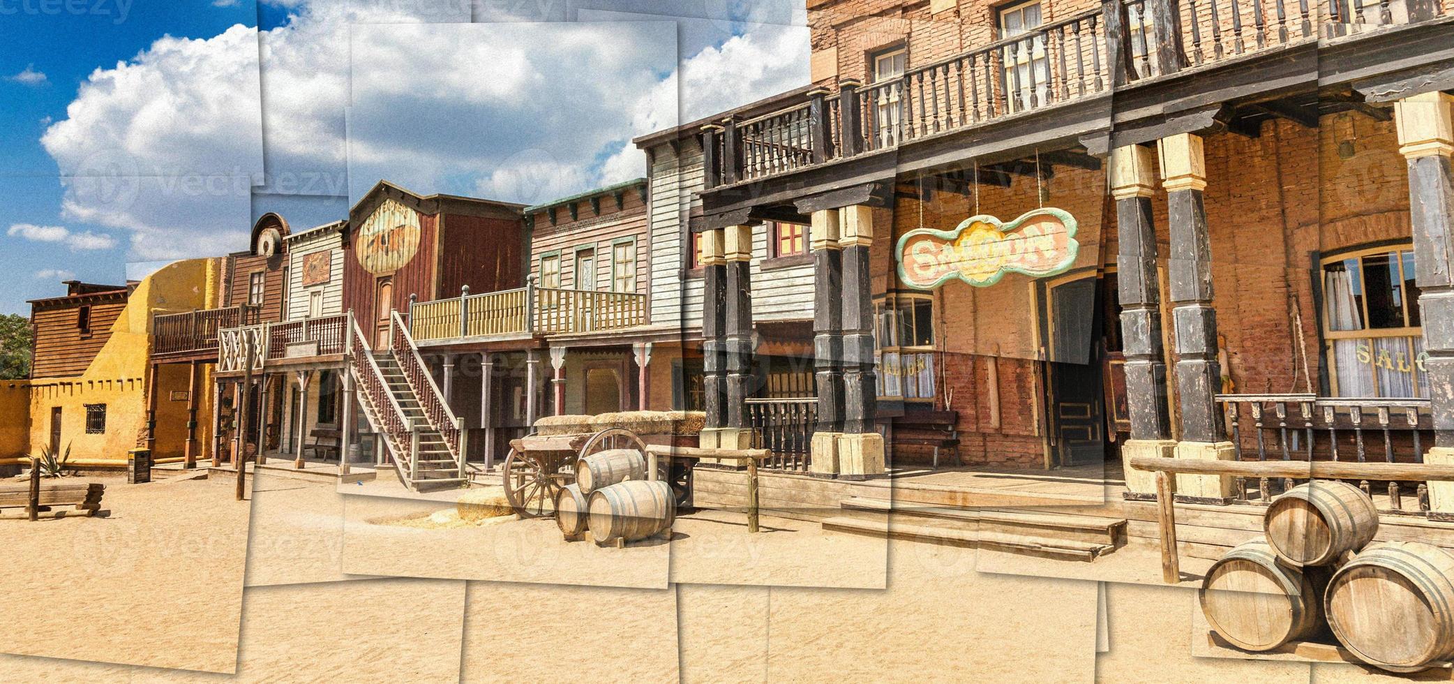 Creative picture of Wild West village with old buildings and saloon. photo