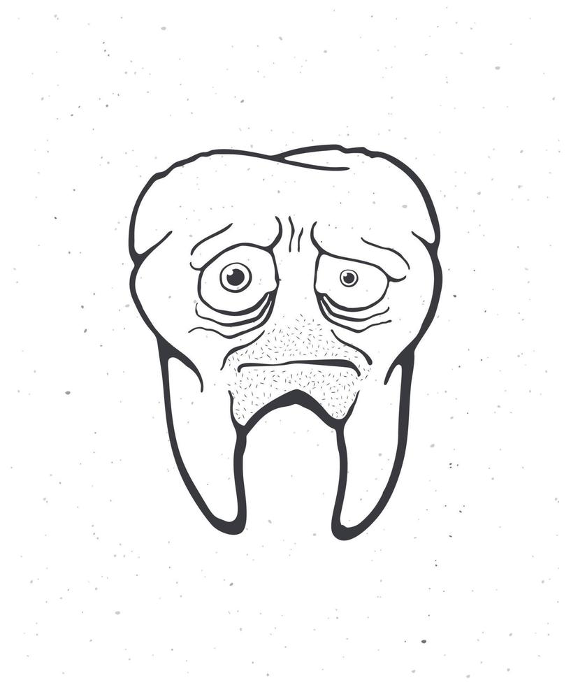 antiguo insalubre triste humano diente con caries, cansado ojos y cerdas describir. vector ilustración. símbolo de somatología y oral higiene. mano dibujado bosquejo. aislado blanco antecedentes