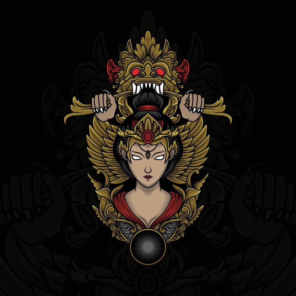 Illustration woman with  barong demon head. Vector graphics for t-shirt prints and other uses.