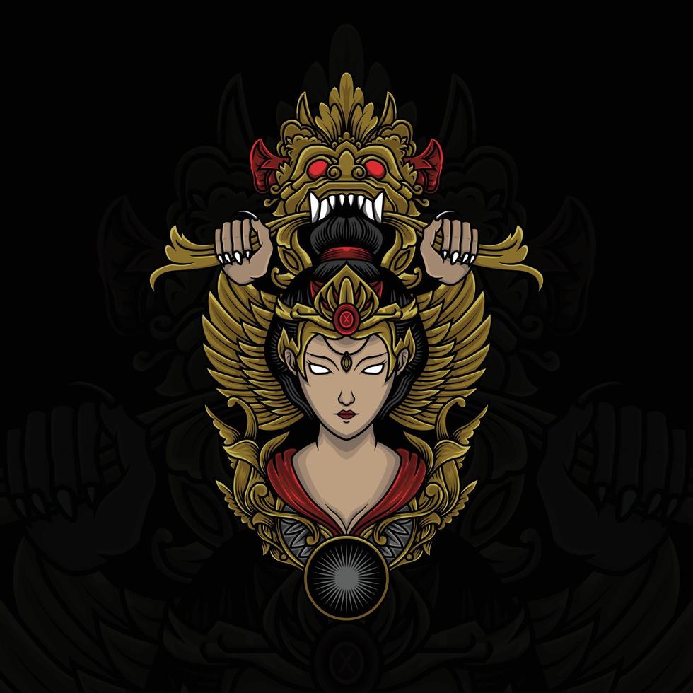 Illustration woman with  barong demon head. Vector graphics for t-shirt prints and other uses.