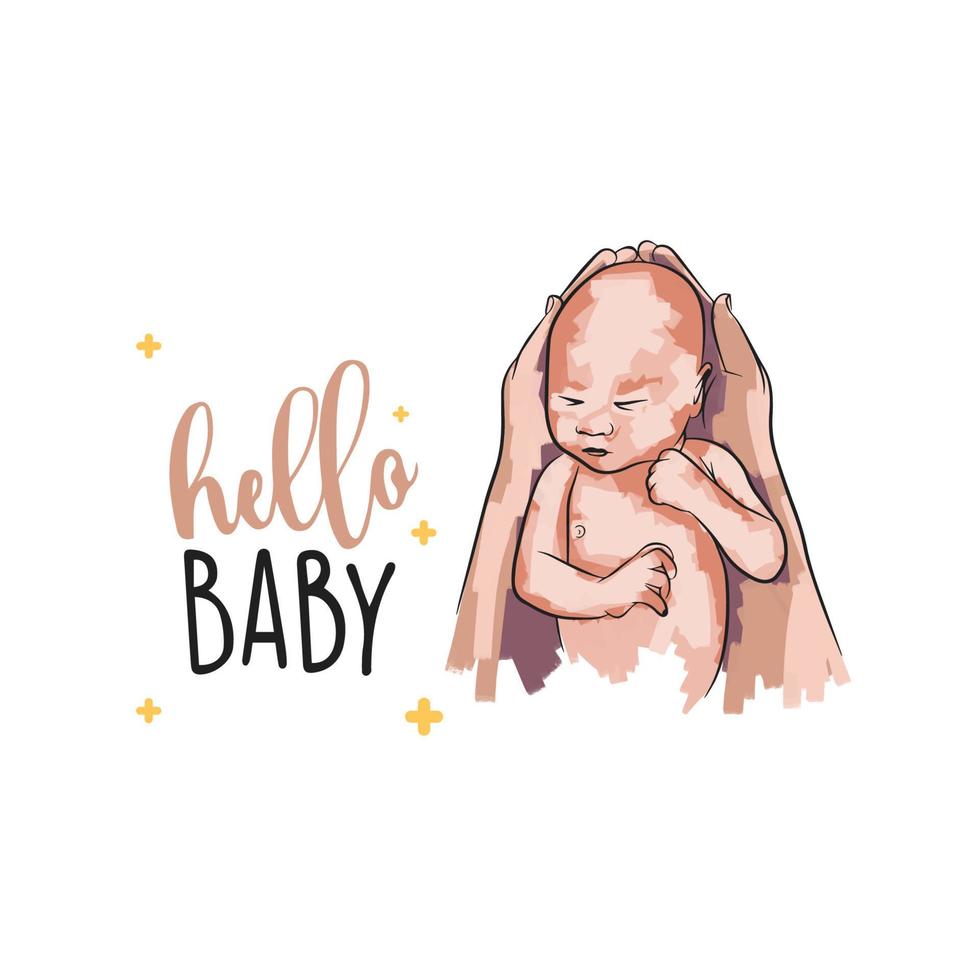Newborn baby hands, postcard in pastel strokes, hello baby, in doodle vector