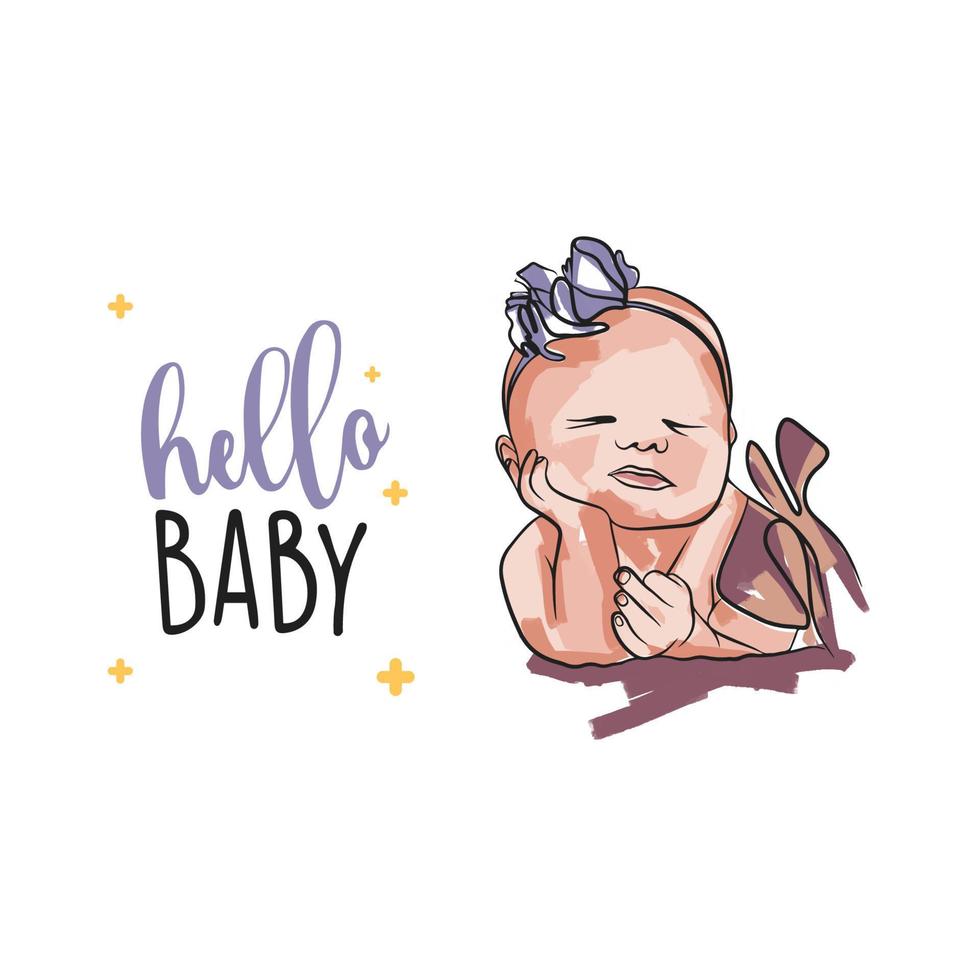 Little sleeping baby on postcard, newborn in doodle style, Hello baby vector