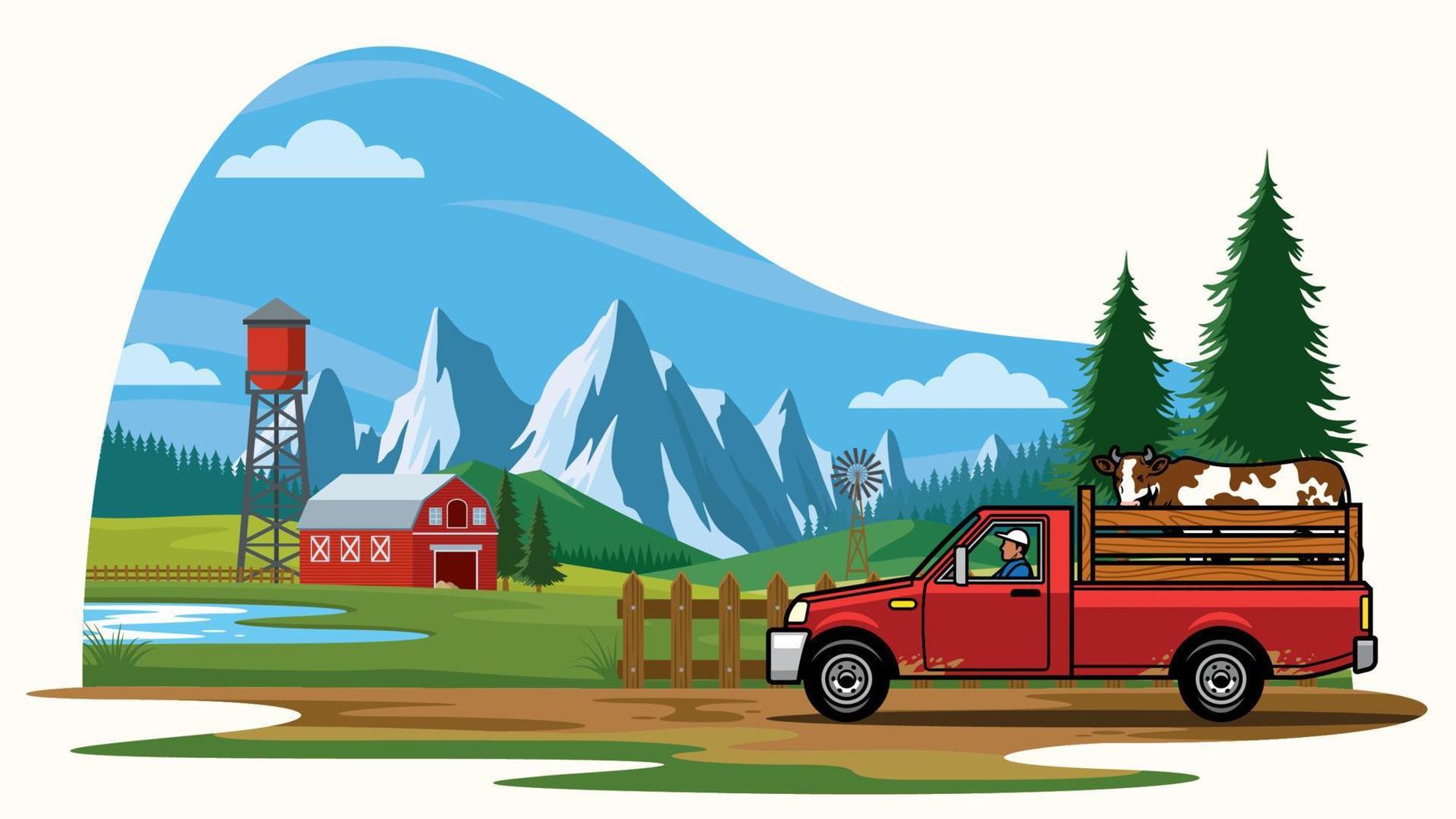 pick up truck transporting the cow on the farm vector