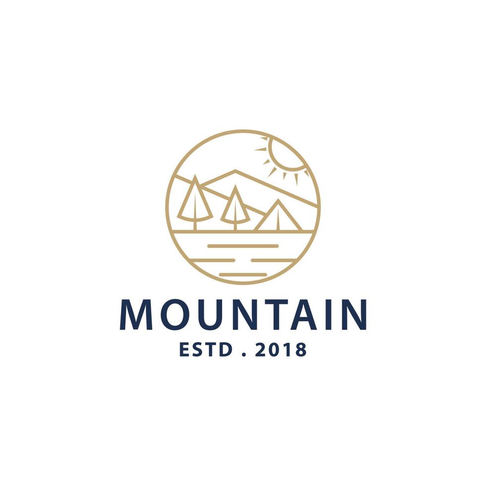 Vector linear boho emblem with mountain landscape, mountains and sun. Camping logo, trees, lights, sun. Modern hiking or camping label.