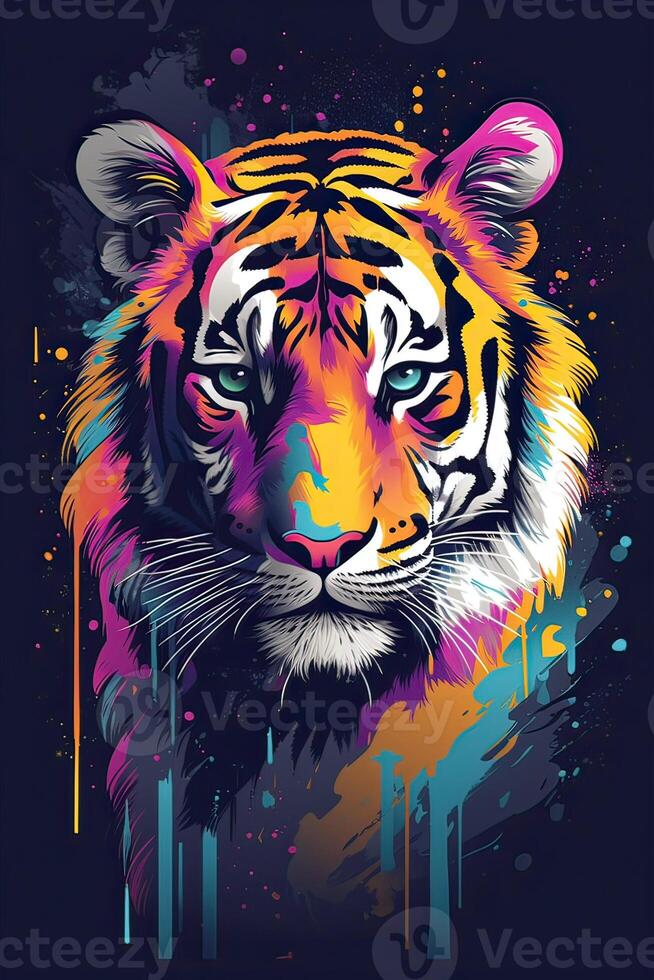 Growling leopard. Abstract, multicolored portrait of a snarling neon leopard on a background. can be used for t-shirt graphics, print. Vector illustration. . photo