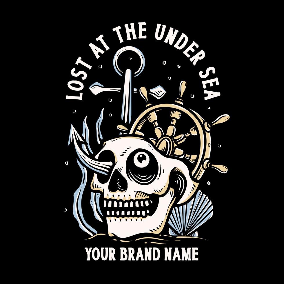 the skull head with anchor at the deep sea illustration vector