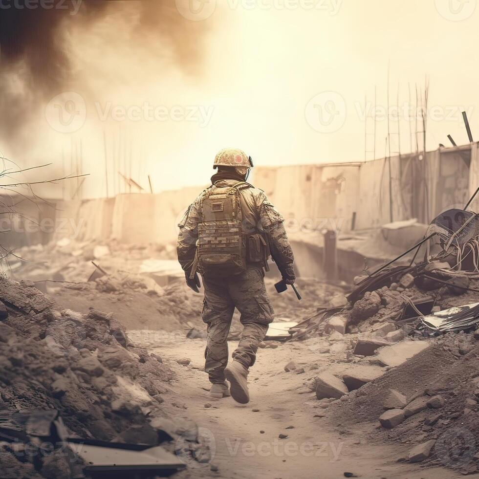 Lone soldier walking on the battlefield. Illustration of a military man walking on an empty destroyed environment. Destruction, war scene. Smoke and fog. Sad combat feeling. . photo