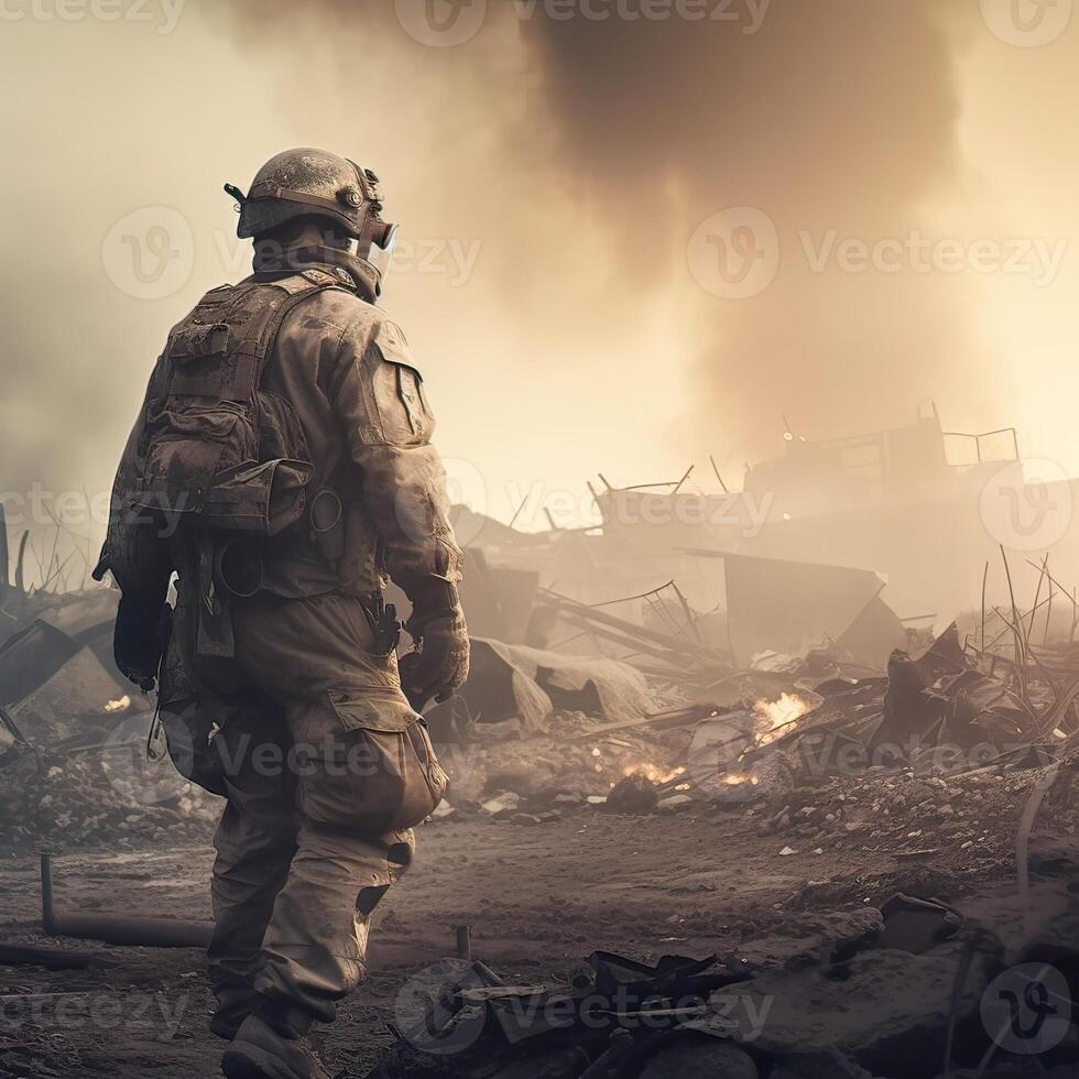 Lone soldier walking on the battlefield. Illustration of a military man walking on an empty destroyed environment. Destruction, war scene. Smoke and fog. Sad combat feeling. . photo