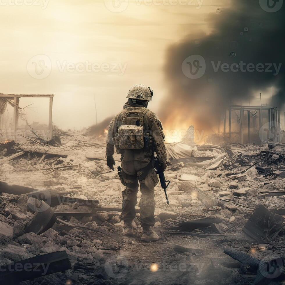 Lone soldier walking on the battlefield. Illustration of a military man walking on an empty destroyed environment. Destruction, war scene. Smoke and fog. Sad combat feeling. . photo