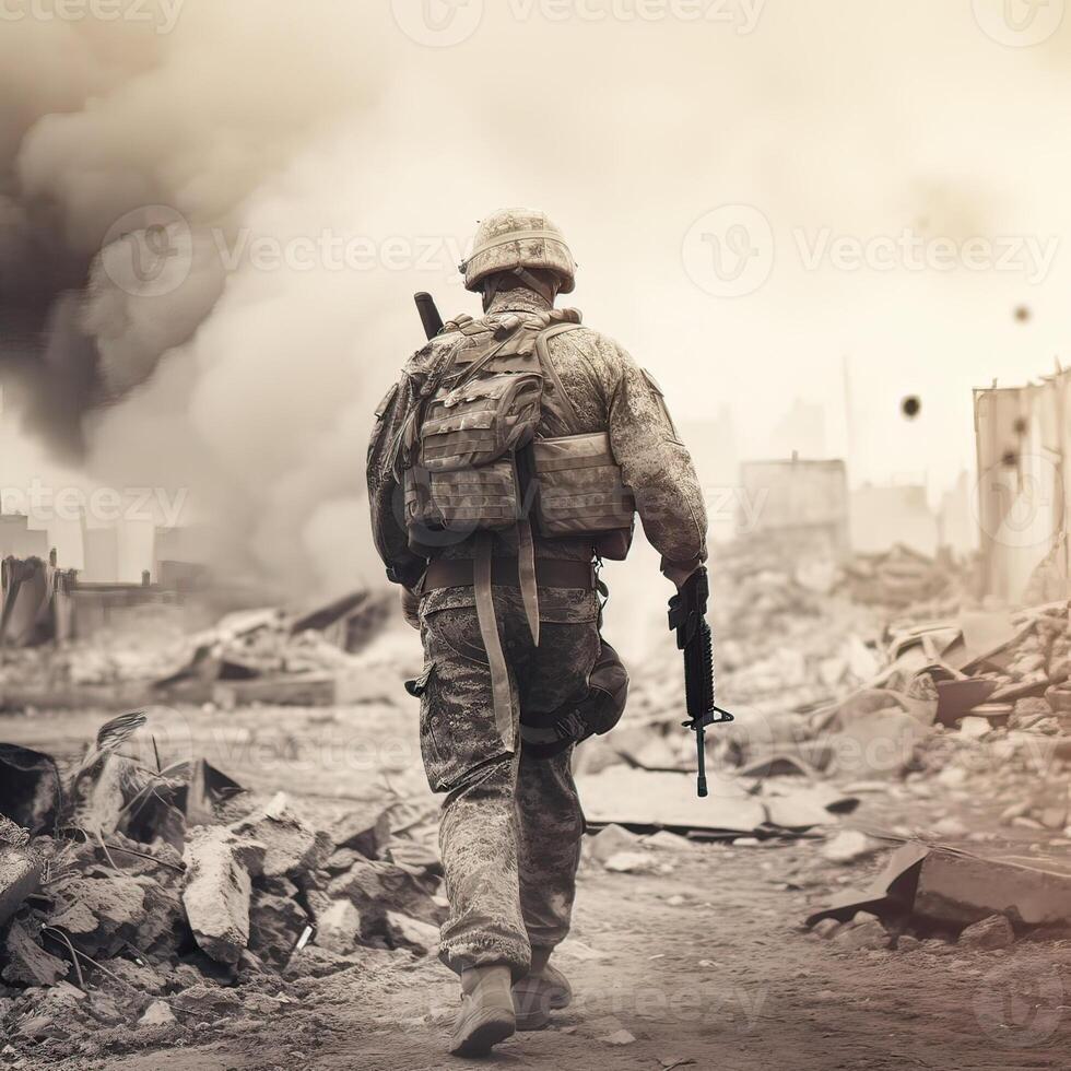 Lone soldier walking on the battlefield. Illustration of a military man walking on an empty destroyed environment. Destruction, war scene. Smoke and fog. Sad combat feeling. Generative Ai. photo