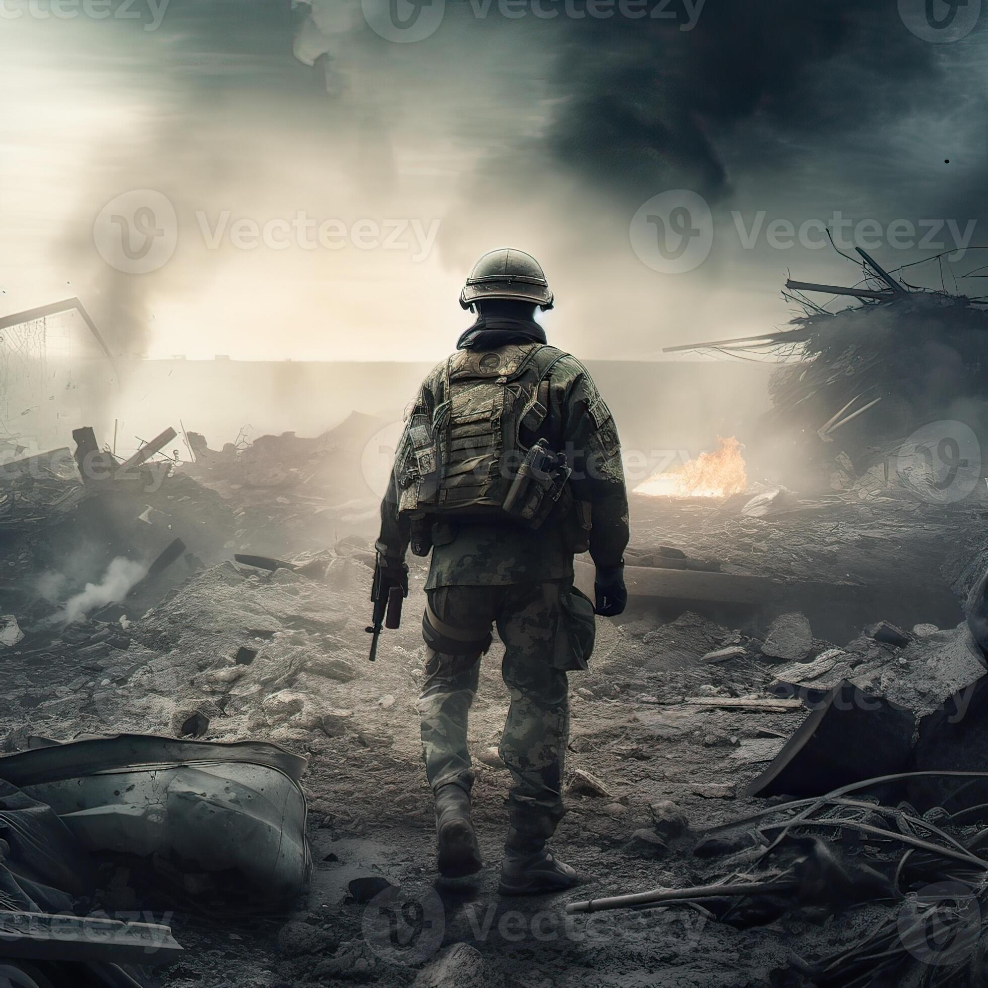 Lone soldier walking on the battlefield illustration of a military man