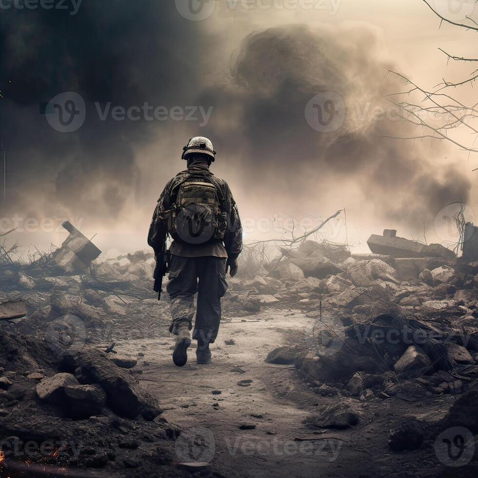 Lone soldier walking on the battlefield. Illustration of a military man walking on an empty destroyed environment. Destruction, war scene. Smoke and fog. Sad combat feeling. . photo