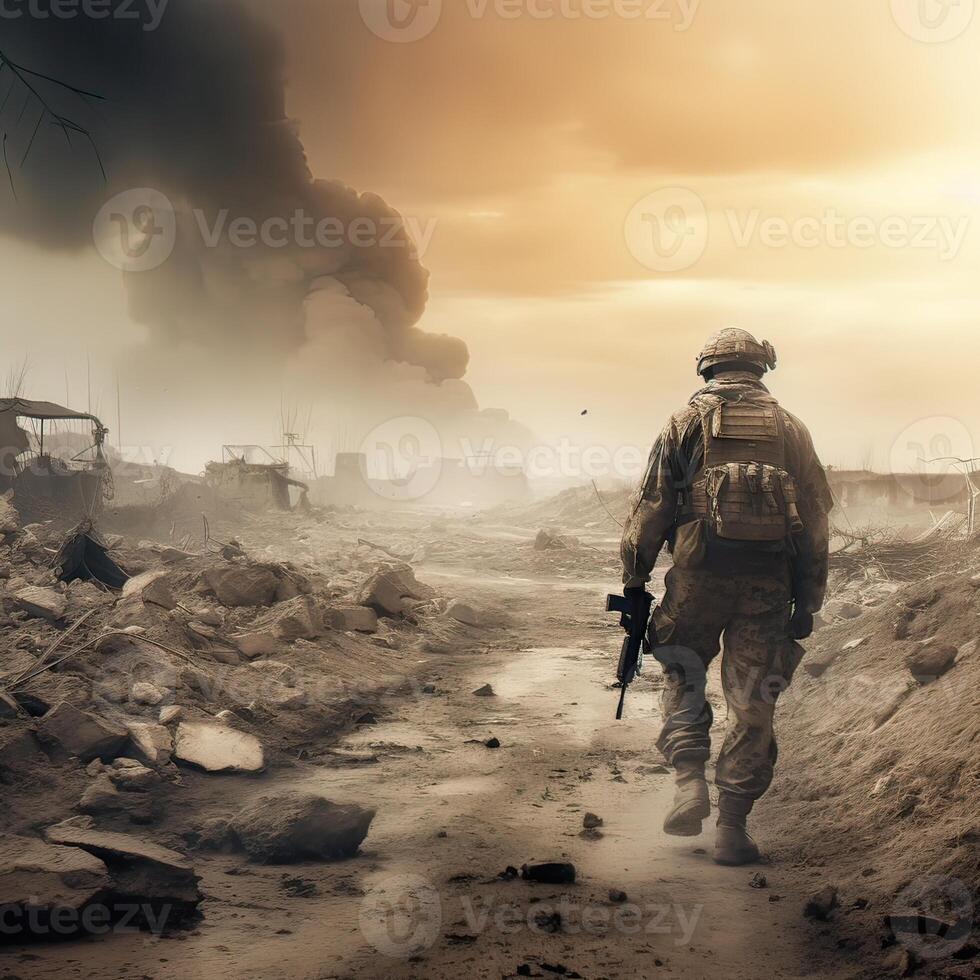 Lone soldier walking on the battlefield. Illustration of a military man walking on an empty destroyed environment. Destruction, war scene. Smoke and fog. Sad combat feeling. . photo