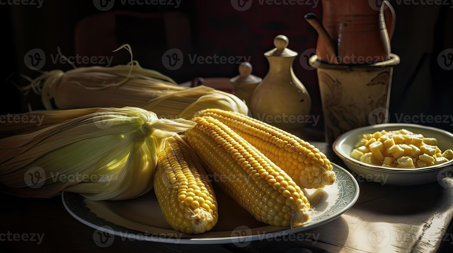 boiled corn on a white square plate, place for text. . photo