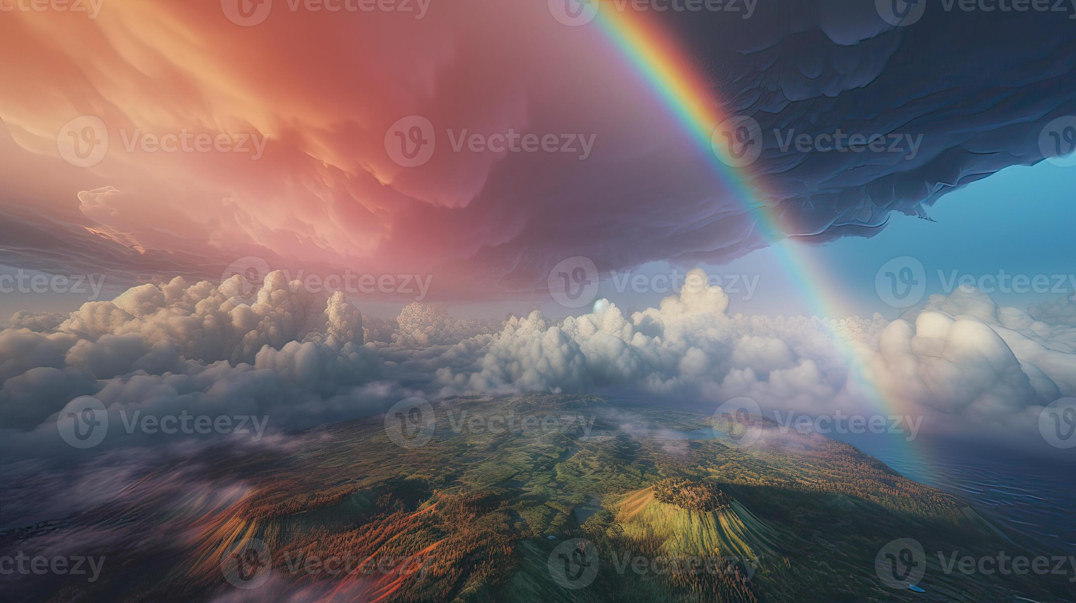 Rainbow In Blue Sky With Cloud Beautiful Landscape With Multi Colored