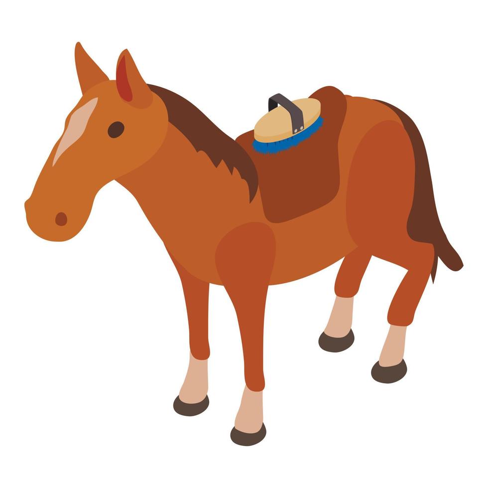 ecuestre icono isométrica vector. en pie caballo con ensillar y aseo cepillo vector