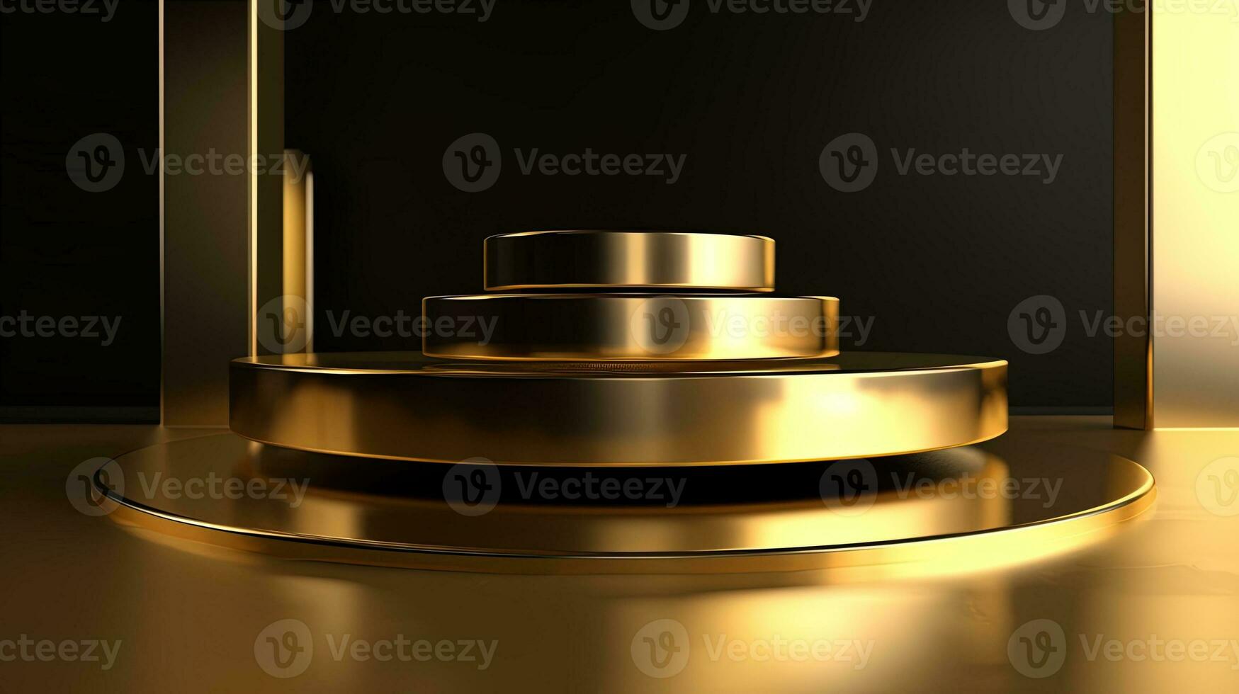 Abstract black background with gold podium for product presentation. 3d render photo