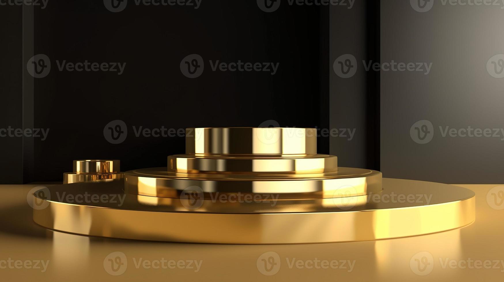 Abstract black background with gold podium for product presentation. 3d render photo