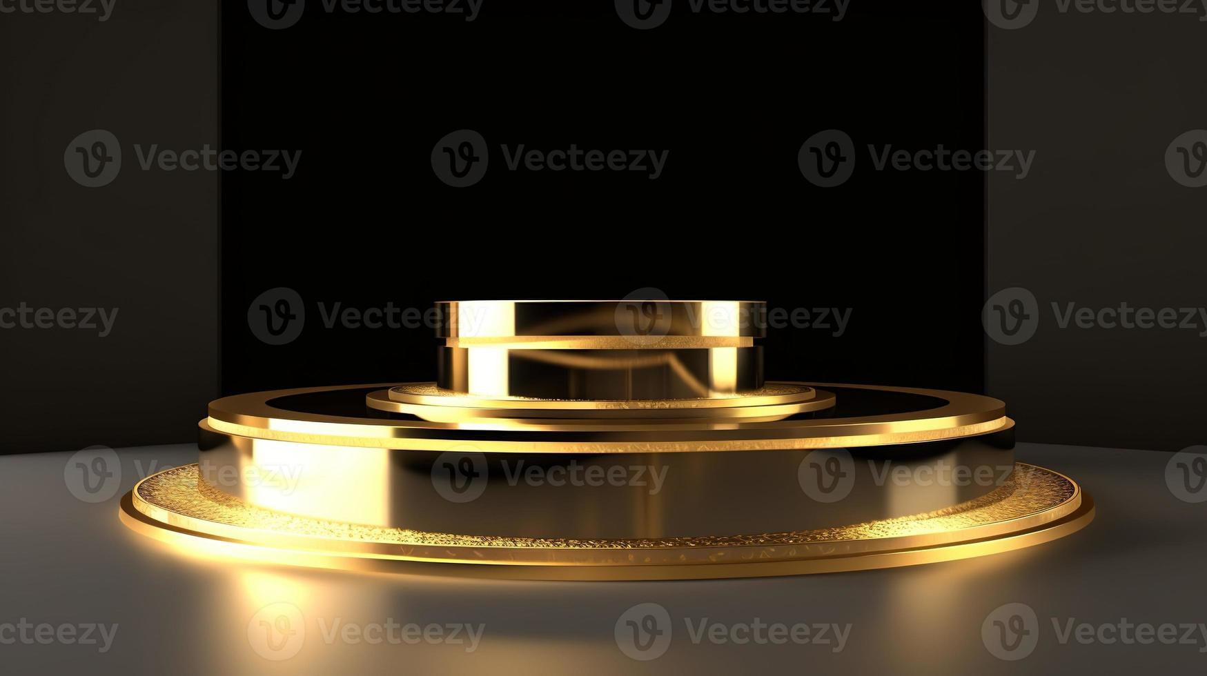 Abstract black background with gold podium for product presentation. 3d render photo