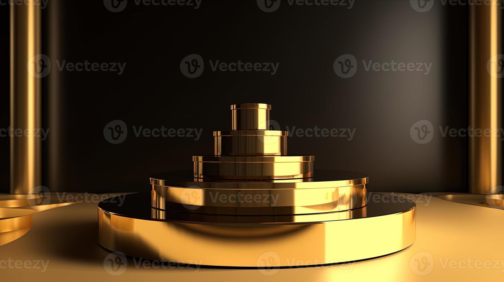 Abstract black background with gold podium for product presentation. 3d render photo