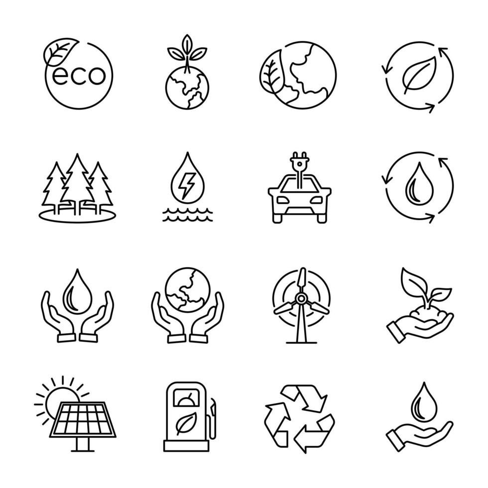Ecology icons set. Green energy and eco friendly icon collection on outlined vector.  Bundle of ecology and environment set icons vector illustration line style icon