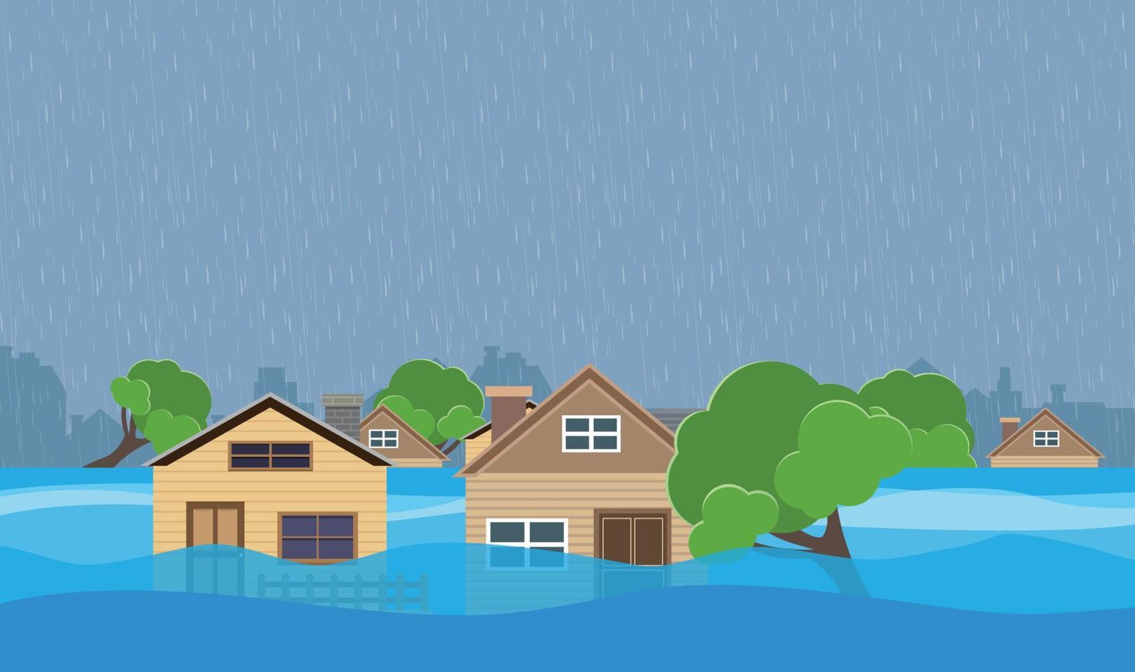 Flood natural disaster with house, heavy rain and storm , damage with home, clouds and rain, flooding water in city, Flooded house. vector
