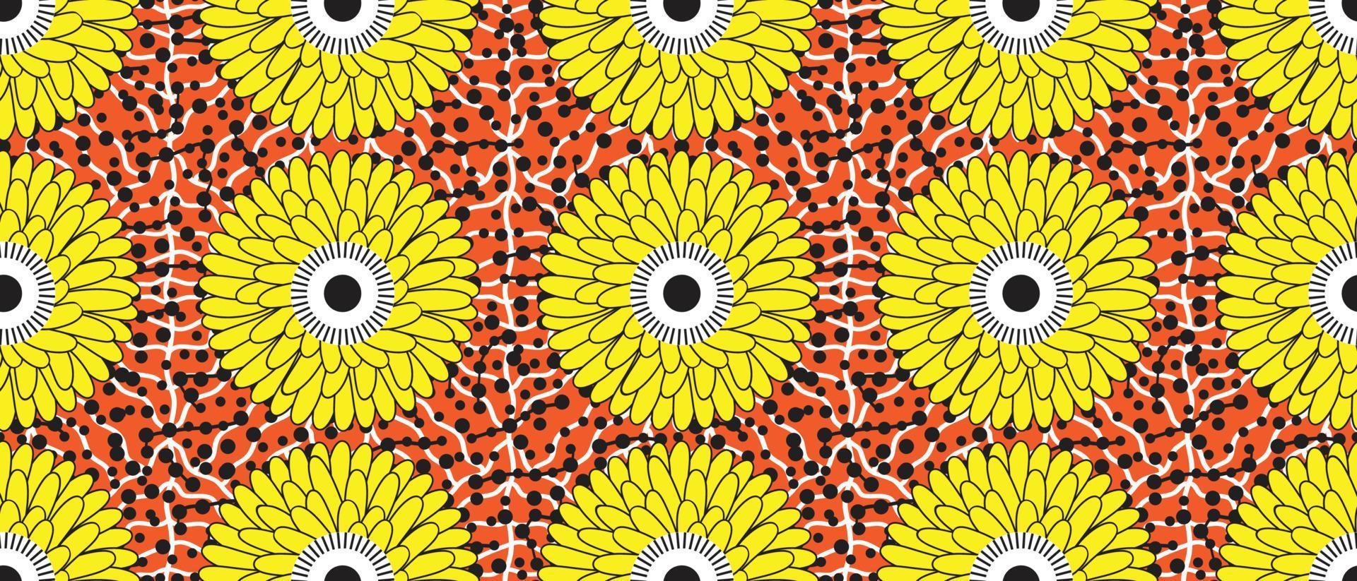 African ethnic traditional orange pattern. seamless beautiful Kitenge, chitenge, Ankara style. fashion design in colorful. Geometric circle abstract motif. Floral yellow prints, African wax prints vector