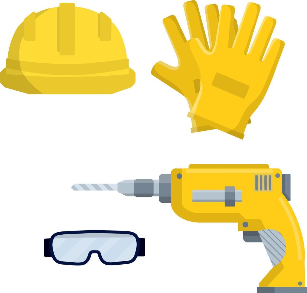 Clothing and tools the worker and the Builder. Yellow uniform, gloves, drill, goggles and helmet. industrial safety. Kit items and objects. Type of profession. Cartoon flat illustration vector