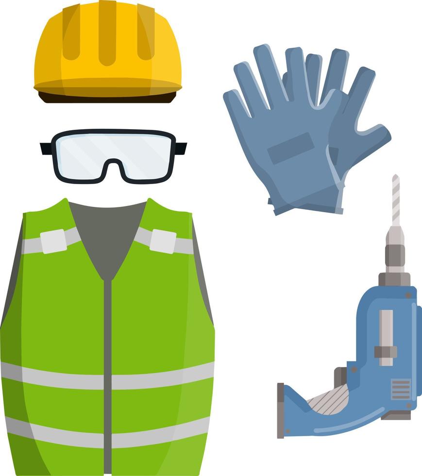 Clothing and tools the worker and Builder. Drill, goggles, green vest and helmet. industrial safety. Kit items and objects. Type of profession. Cartoon flat illustration vector