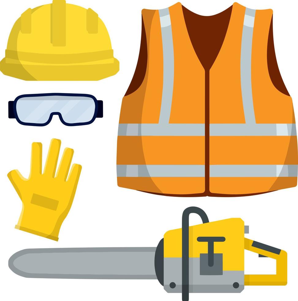 conjunto de ropa constructor y obrero. amarillo chaleco, casco, anteojos, guantes. dibujos animados plano ilustración. motosierra de leñador. reparar y mantenimiento. la seguridad y herramientas para corte arboles vector