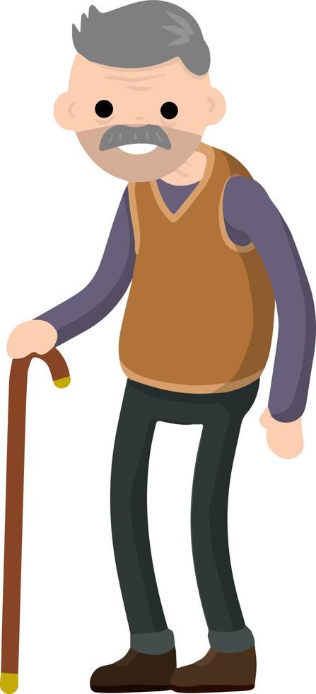 Funny old man with cane. Senior and Active Lifestyle, recreation grandfather. Cartoon flat illustration. vector