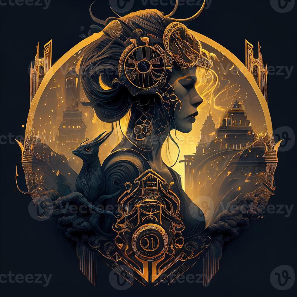 illustration of cyberpunk Zodiac sign with a industrial smoke, mechanic detail on shoulders, pollution, centered inside intricate gold and fire circle of city and Skyscrapers, steam punk photo